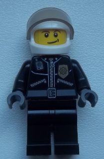 LEGO Minifigure-Police - City Leather Jacket with Gold Badge and 'POLICE' on Back, White Helmet, Trans-Black Visor, Crooked Smile-Town / City / Police-CTY393-Creative Brick Builders